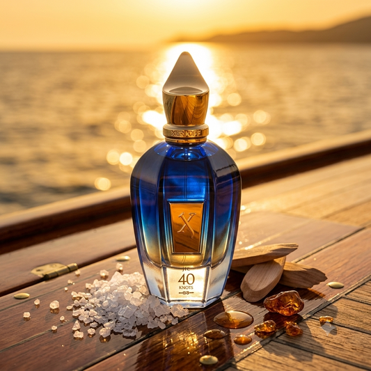 Frasco azul oscuro de Xerjoff 40 Knots sobre madera de caoba de yate con sal marina, madera de cedro, miel y ámbar, estilo Casa Flores.