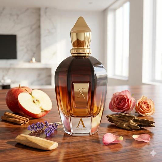 Frasco de Xerjoff Alexandria II con detalles dorados, sobre una mesa de palo de rosa pulido, rodeado de lavanda fresca, canela y una manzana crujiente en un penthouse de lujo. Fotorrealismo cotidiano para Casa Flores, sin marco.