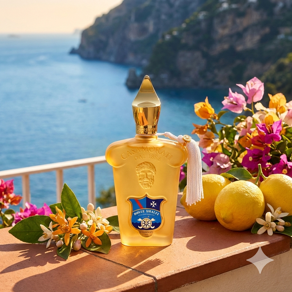 Frasco dorado de perfume Casamorati Dolce Amalfi con borla, estilo vintage italiano.