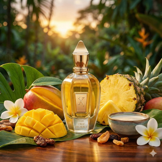 Frasco de la colección Shooting Stars del perfume Xerjoff Cruz del Sur II, rodeado de rodajas de mango fresco, piña y un toque cremoso en un entorno de selva tropical.