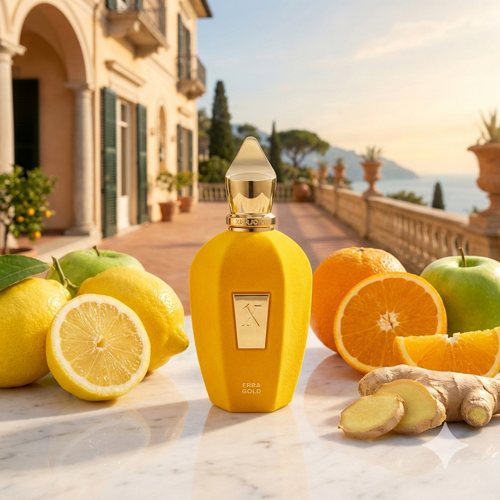Frasco de terciopelo amarillo vibrante del perfume Xerjoff Erba Gold con tapón dorado.
