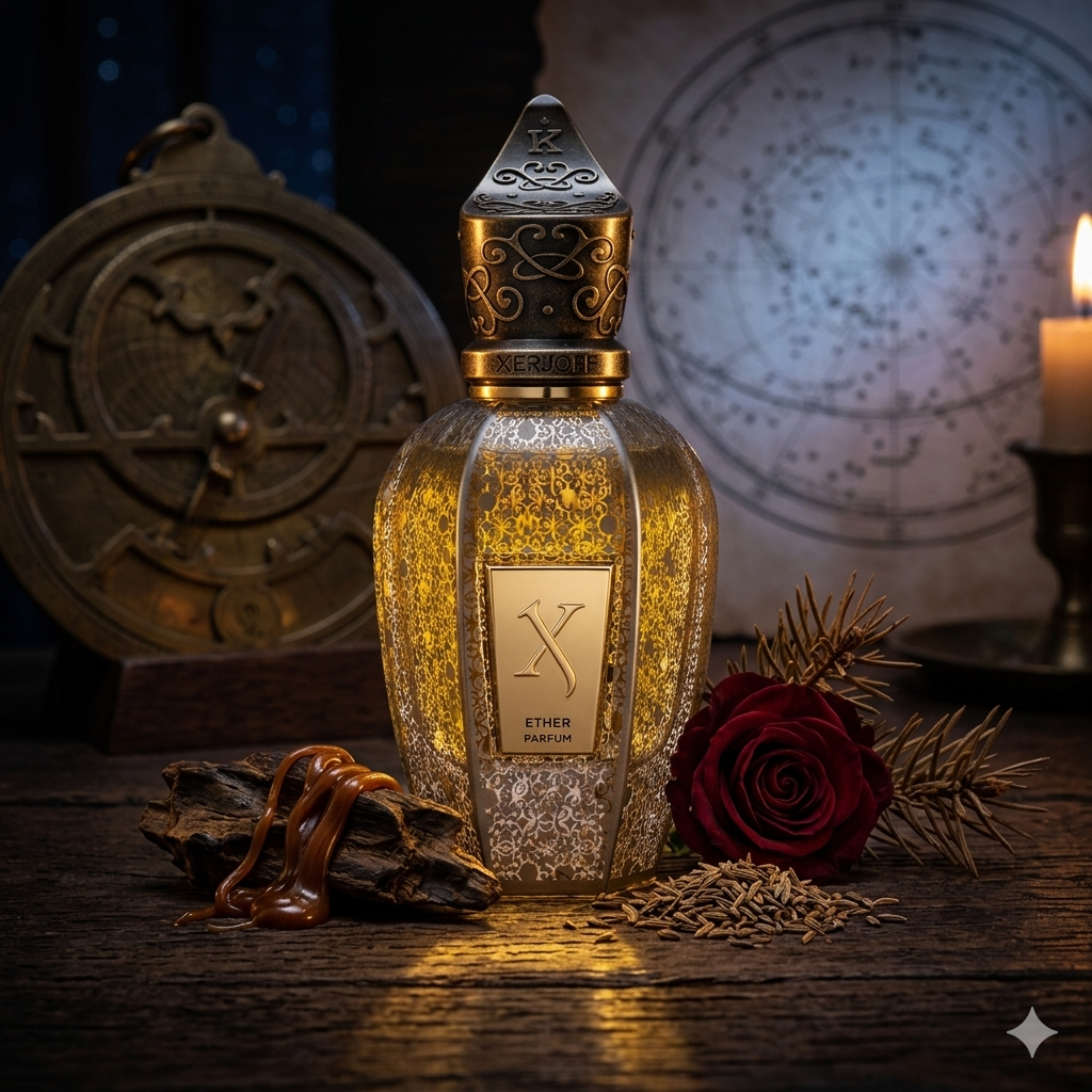 Frasco azul marino de Xerjoff Ether sobre el escritorio de madera de un observatorio astronómico con oud, caramelo y rosa búlgara, estilo Casa Flores.