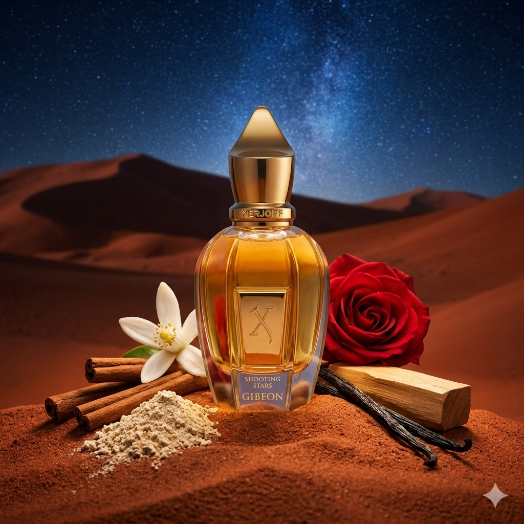 Frasco de Xerjoff Gibeon en el desierto bajo las estrellas con flor de neroli, raíz de lirio, rosa de Bulgaria y canela, estilo Casa Flores.