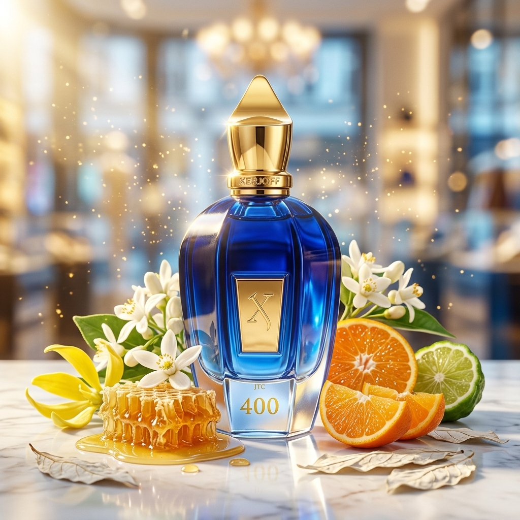 Frasco azul oscuro de Xerjoff JTC 400 sobre mármol blanco con miel dorada, naranjas frescas, flores de azahar y tabaco blanco, estilo Casa Flores.