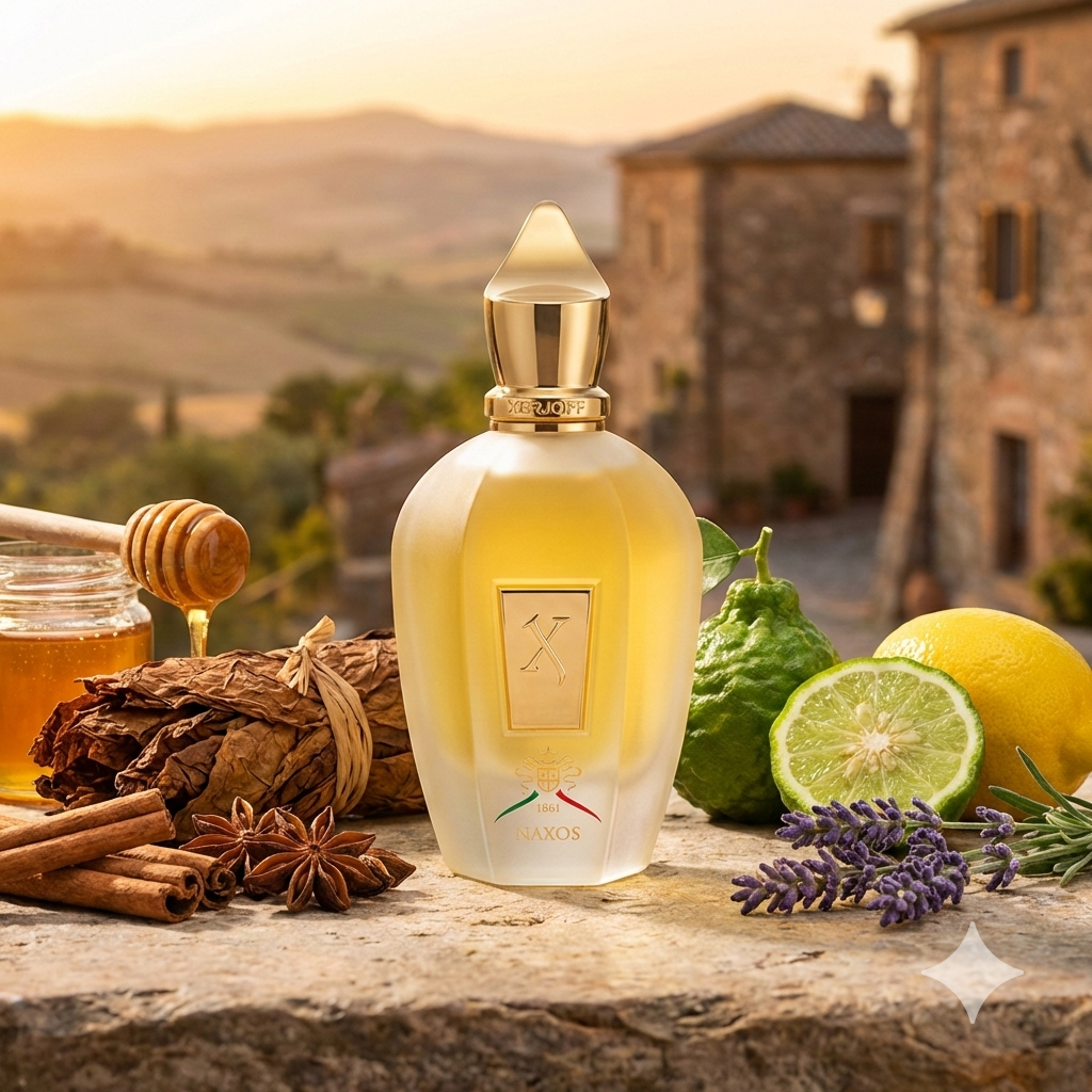 Frasco de Xerjoff Naxos con líquido dorado, rodeado de miel goteando, hojas de tabaco curado, canela y cítricos sicilianos bajo una luz cálida.