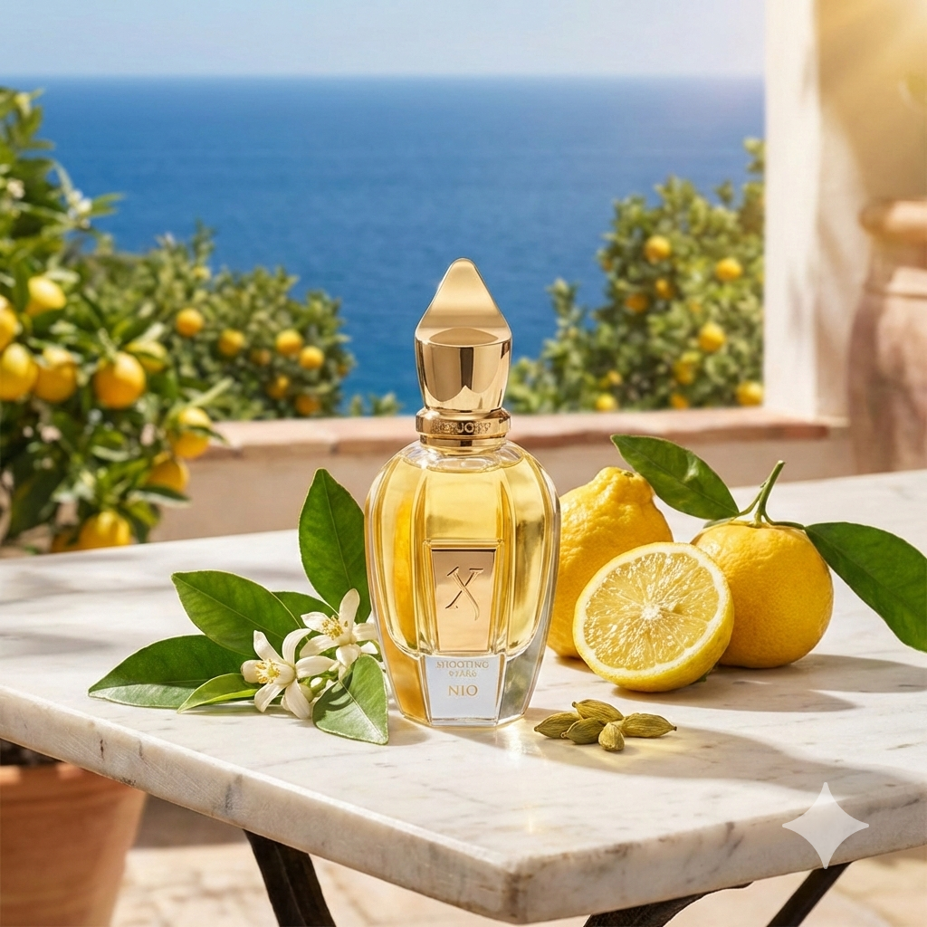 Frasco de perfume Xerjoff Nio de la colección Shooting Stars con tapón dorado.
