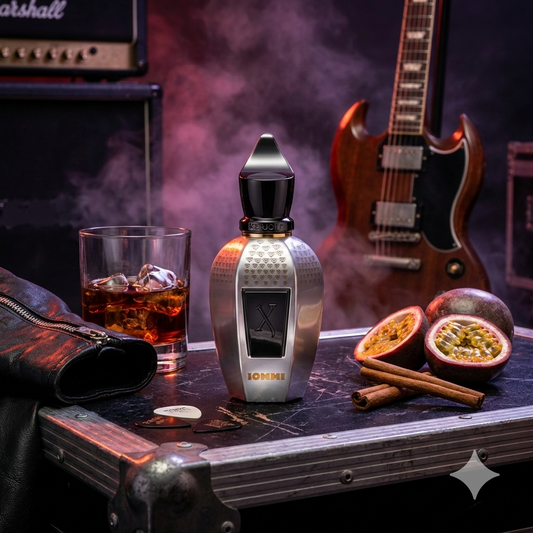 Frasco negro gótico del perfume Xerjoff Tony Iommi Monkey Special rodeado de ron, cuero, maracuyá y una guitarra eléctrica en un ambiente rockero.
