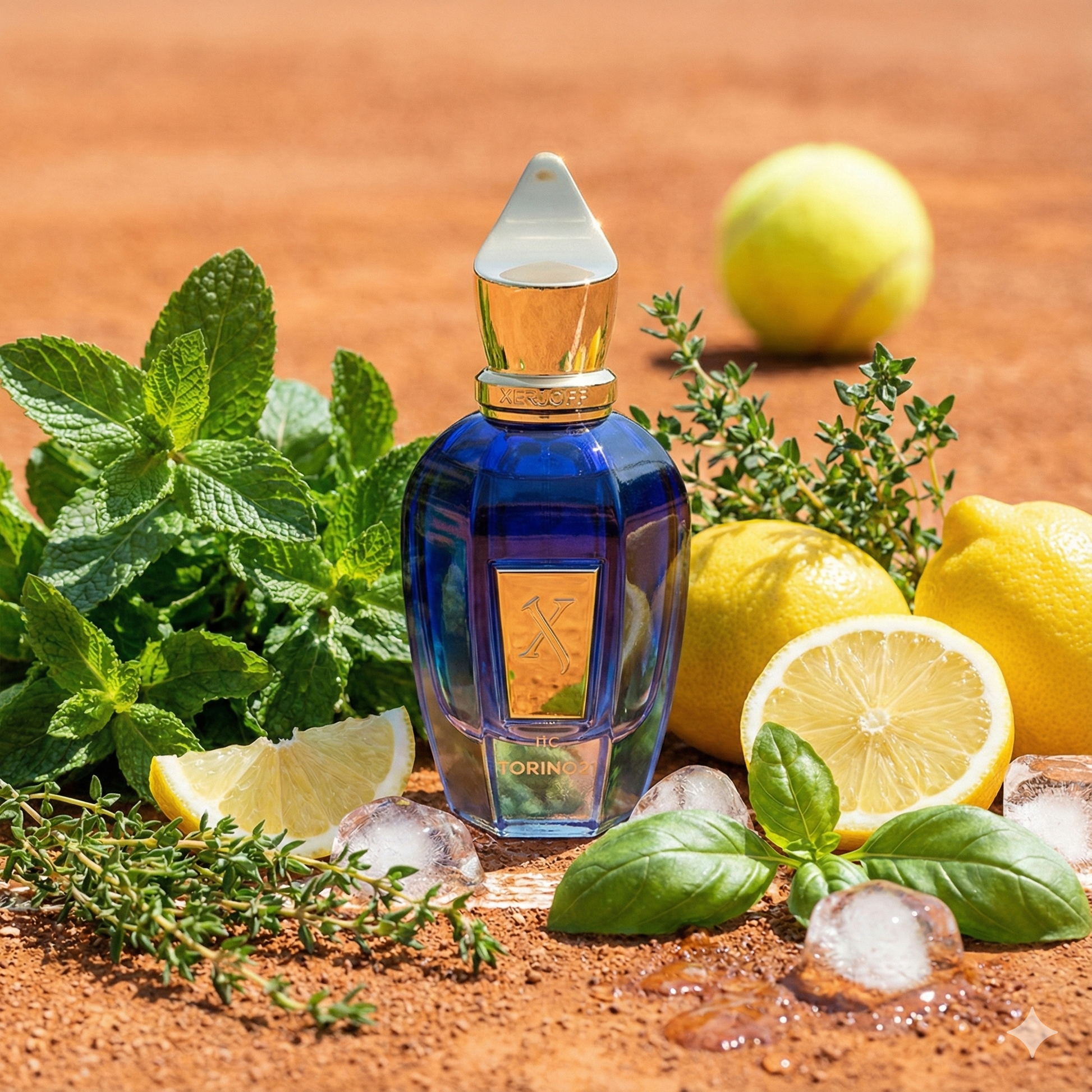 Frasco azul brillante de Xerjoff Torino21 rodeado de hojas de menta fresca, limones, albahaca y cubitos de hielo bajo un sol radiante de verano.