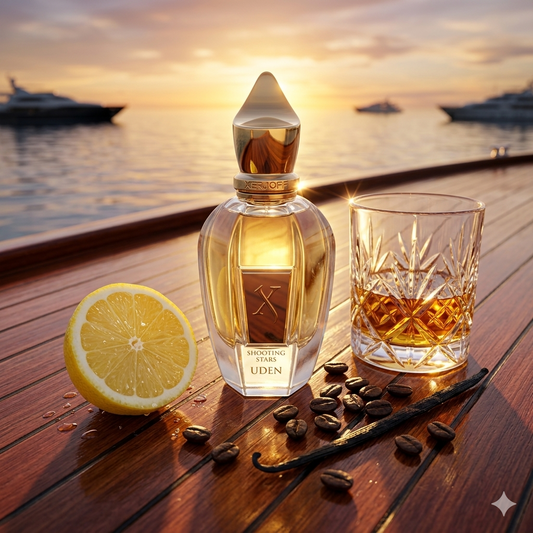 Frasco de Xerjoff Uden sobre la cubierta de madera de un yate clásico con limón, ron añejo, café y vainilla, estilo Casa Flores.