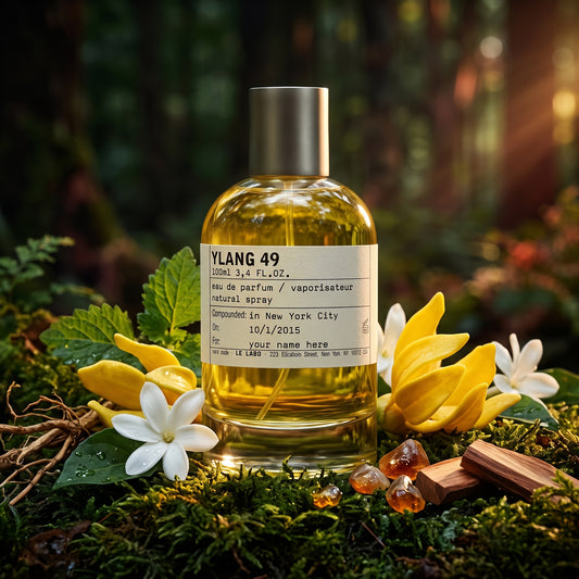 Frasco de botica de Ylang 49 de Le Labo con etiqueta de laboratorio sobre musgo oscuro con ylang-ylang, tiaré y pachulí, estilo Casa Flores.