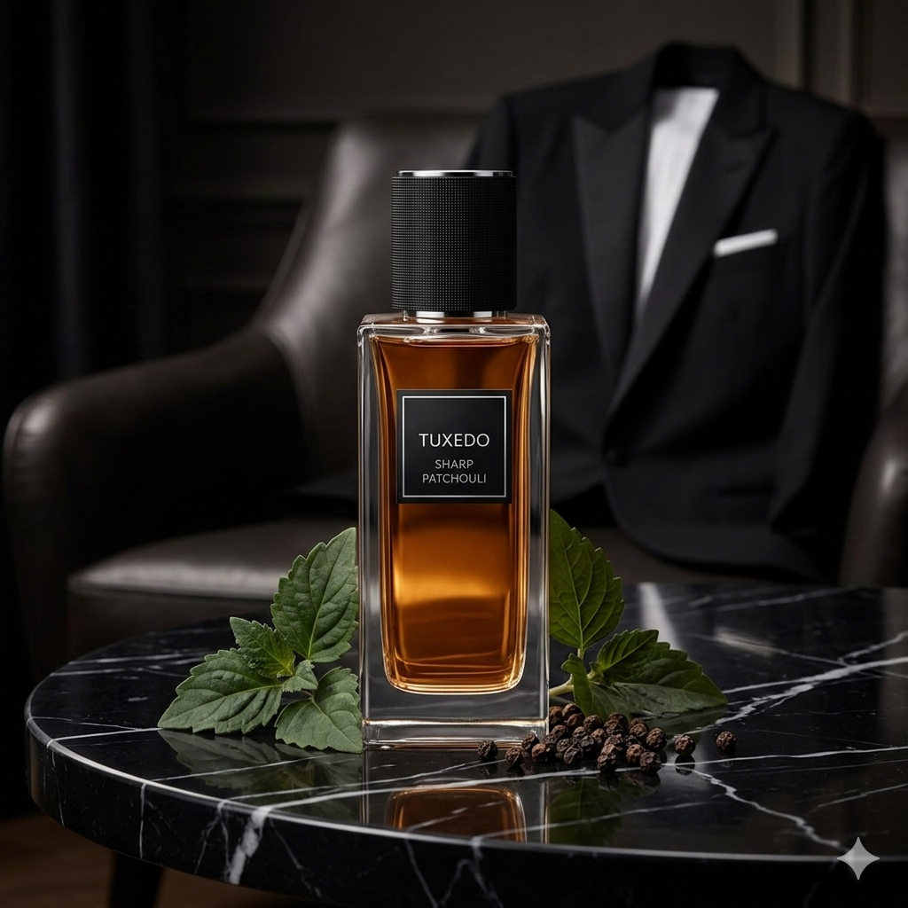 Frasco de YSL Tuxedo sobre una mesa de mármol negro veteado en un lounge de lujo en París, con hojas de pachulí frescas, granos de pimienta negra y una luz tenue que evoca la noche.