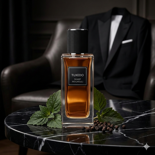 Frasco de YSL Tuxedo sobre una mesa de mármol negro veteado en un lounge de lujo en París, con hojas de pachulí frescas, granos de pimienta negra y una luz tenue que evoca la noche.