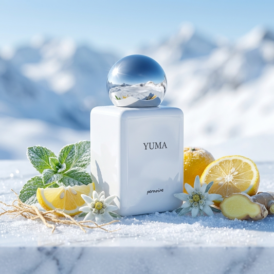 Frasco blanco inmaculado de Pernoire Yuma con tapón plateado sobre nieve con hojas de menta, yuzu, edelweiss y vetiver, estilo Casa Flores.