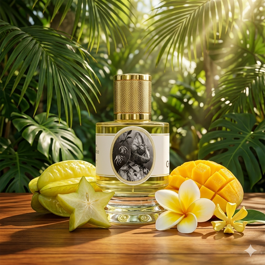 Frasco de Zoologist Chameleon sobre hojas de palmera con mango, carambola y flor de frangipani, estilo Casa Flores.