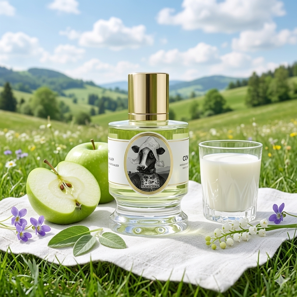Frasco de Zoologist Cow sobre un prado verde con manzana, leche y flores de violeta, estilo Casa Flores.
