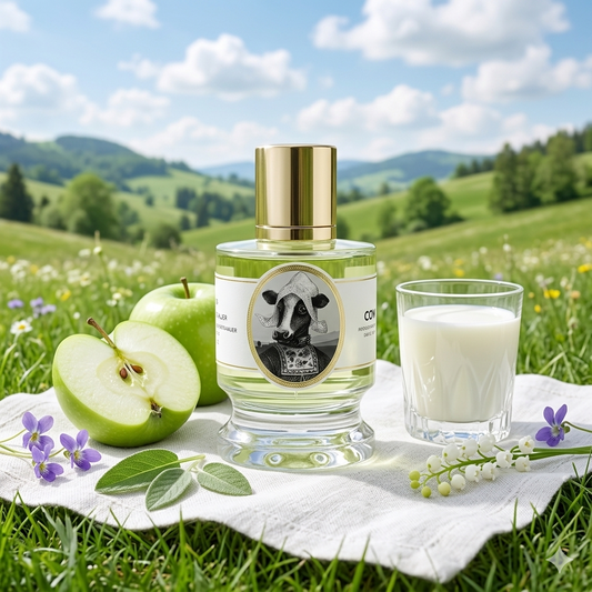 Frasco de Zoologist Cow sobre un prado verde con manzana, leche y flores de violeta, estilo Casa Flores.