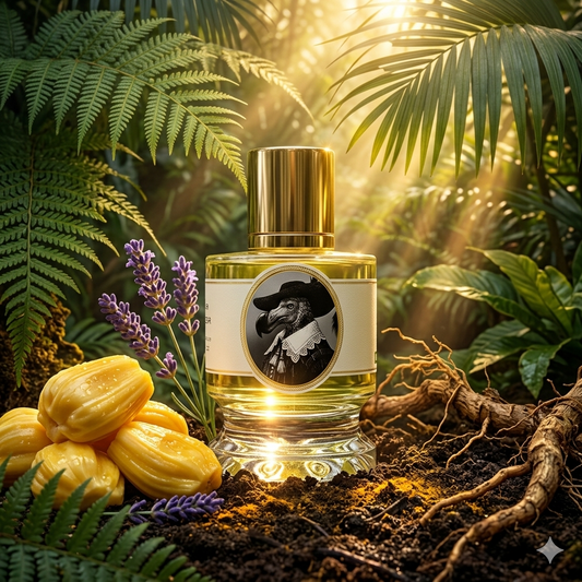Frasco de Zoologist Dodo Jackfruit Edition sobre hojas de selva con fruta de yaca y vetiver, estilo Casa Flores.