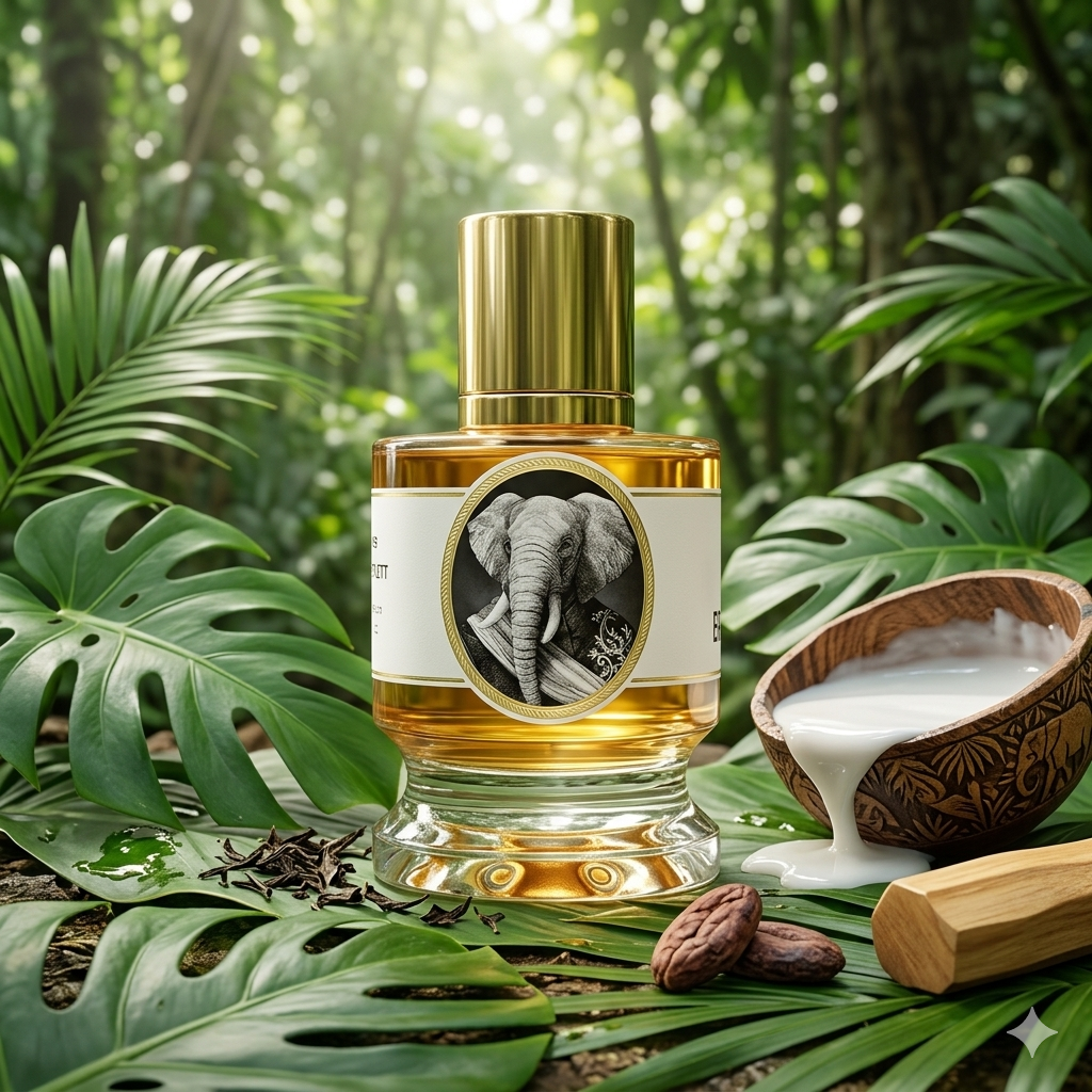 Frasco de Zoologist Elephant sobre hojas verdes gigantes trituradas con té Darjeeling, sándalo y coco, estilo Casa Flores.