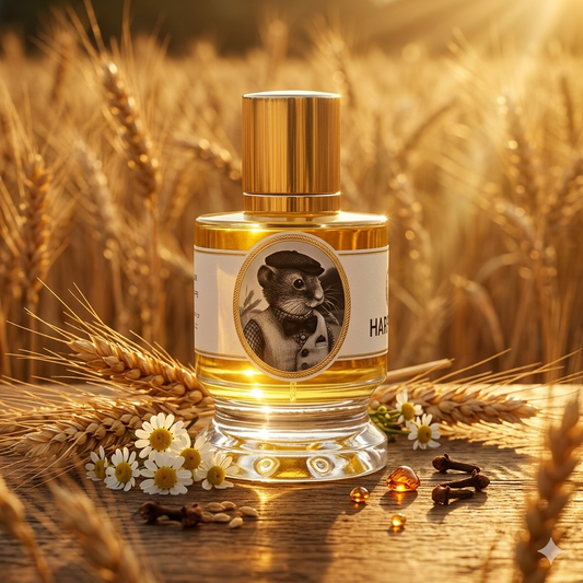 Frasco de Zoologist Harvest Mouse sobre un campo de trigo al atardecer con manzanilla y resinas, estilo Casa Flores.