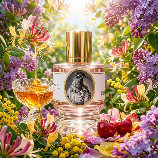 Frasco de Zoologist Hummingbird sobre un jardín floral vibrante con miel, madreselva y cerezas, estilo Casa Flores.