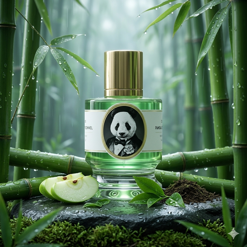 Frasco de Zoologist Panda sobre un bosque de bambú húmedo con manzana verde y hojas de té, estilo Casa Flores.
