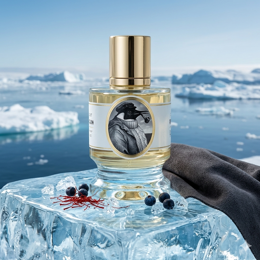 Frasco de Zoologist Penguin sobre hielo antártico con azafrán, bayas de enebro y gamuza suave, estilo Casa Flores.