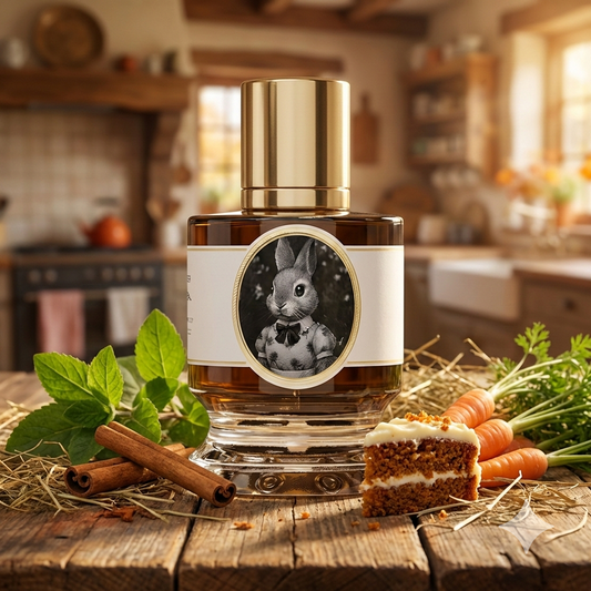 Frasco de Zoologist Rabbit con ilustración de conejo victoriano, rodeado de heno, zanahorias frescas, canela y un trozo de pastel de zanahoria.