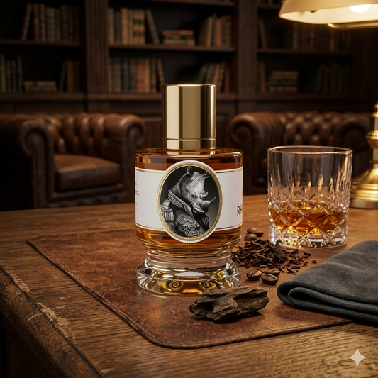 Frasco de Zoologist Rhinoceros sobre cuero gastado con whisky, tabaco y granos de café, estilo Casa Flores.