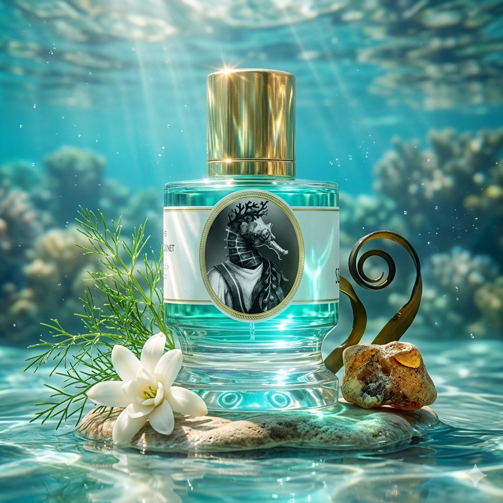 Frasco de Zoologist Seahorse sobre un fondo de arrecife con hinojo, nardo y ámbar gris, estilo Casa Flores.