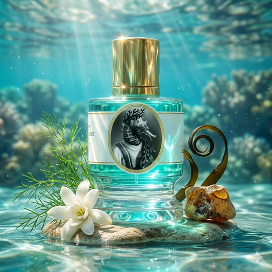 Frasco de Zoologist Seahorse sobre un fondo de arrecife con hinojo, nardo y ámbar gris, estilo Casa Flores.
