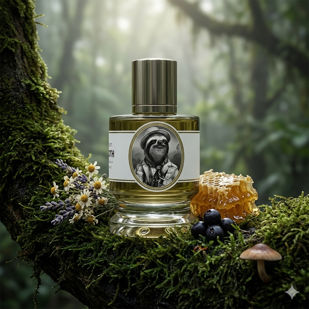 Frasco de Zoologist Sloth sobre musgo húmedo con manzanilla, cera de abejas y bayas de asaí, estilo Casa Flores.