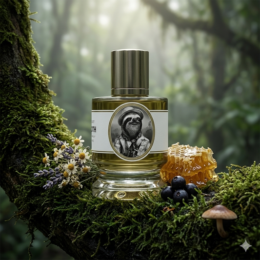 Frasco de Zoologist Sloth sobre musgo húmedo con manzanilla, cera de abejas y bayas de asaí, estilo Casa Flores.