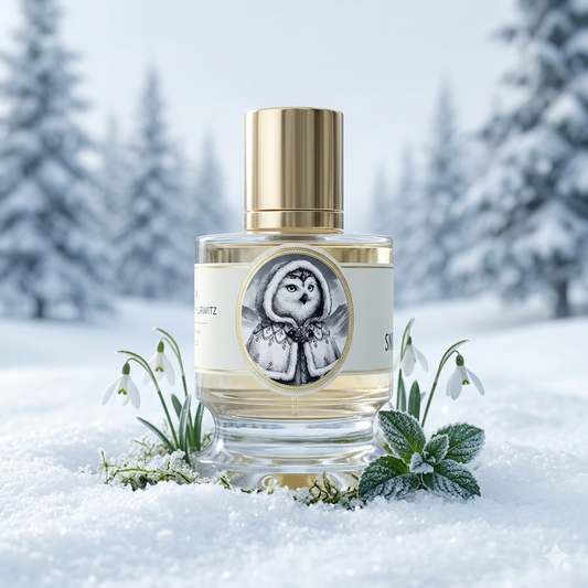 Frasco de Zoologist Snowy Owl sobre nieve fresca y escarchada con menta y flores blancas, estilo Casa Flores.