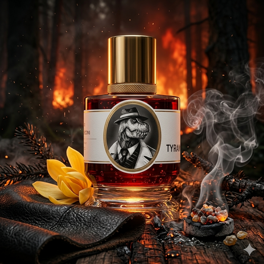 Frasco de Zoologist Tyrannosaurus Rex sobre madera carbonizada y cenizas con humo y cuero, estilo Casa Flores.